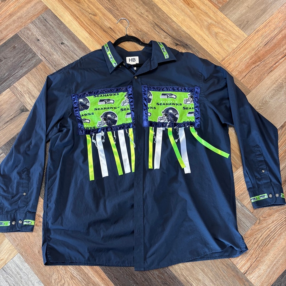 HB Seattle Seahawks Custom Fringe Button Down Shirt Navy Blue Mens 2XLT NFL Fan